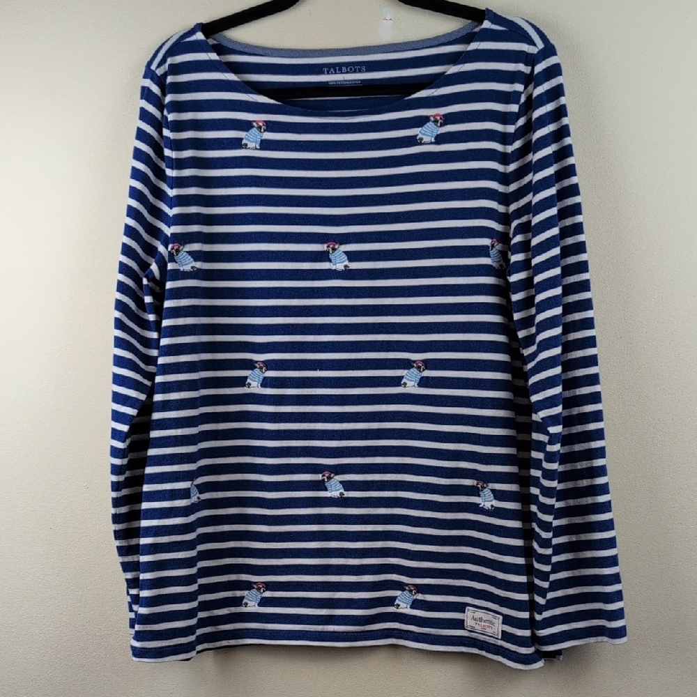 Authentic Talbots Embroidered French Bulldog Striped Bateau Neck Shirt Size L